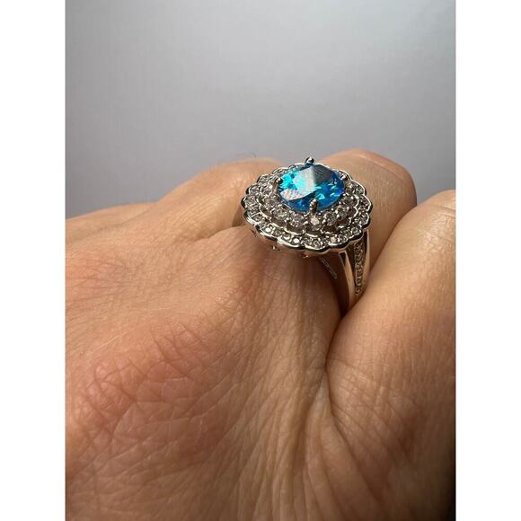 Blue and white CZ halo sterling silver ring size 8 - Picture 3 of 11